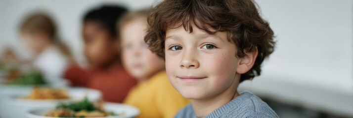 Joyous young boy with curly hair enjoying school lunch, embodying unity at International Day of Tolerance celebration