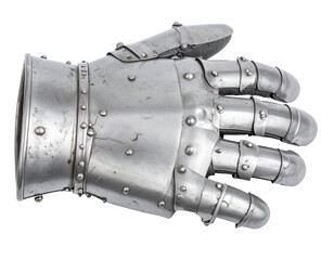 A detailed, armored iron gauntlet, isolated on a white background, symbolizing strength, medieval history, and protection.
