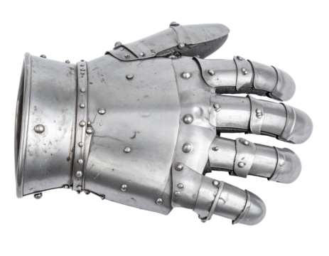 A detailed, armored iron gauntlet, isolated on a white background, symbolizing strength, medieval history, and protection. - Powered by Adobe