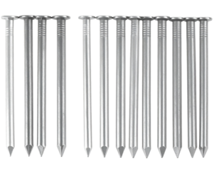 A group of polished iron nails, isolated on a white background, perfect for a construction or hardware-themed design.