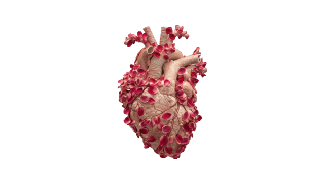 A 3D heart adorned with many small pink petals