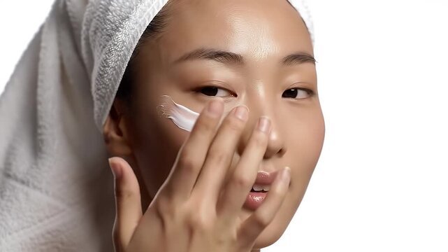 Close Up Portrait of an Asian Woman Applying Cream to Her Face with White Towel Background Beauty and Personal Care Demonstration Isolated on White Screen