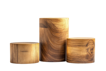 Rustic wooden cylinders of varying heights isolated on transparent background. Wooden pedestal cylinders of varying heights perfect for product display isolated on white background.