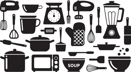 A useful set of monochrome vector icons featuring kitchen utensils, pots, pans, coffee makers, and food items for a creative design