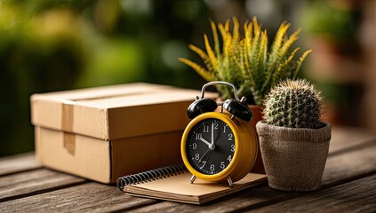 A cardboard box, yellow alarm clock, succulents, and notebook sit on a wooden table, subtly blurred background of plants