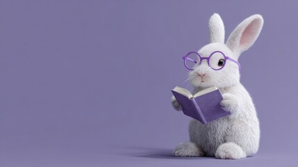 Obraz premium Studious white rabbit with purple glasses and book