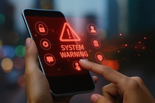 A person interacts with a smartphone displaying a bright red system warning message, overlaid with various cautionary icons.