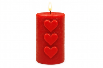 Burning red candle featuring embossed hearts, casting soft glow against transparent surface, symbolizing romantic moment