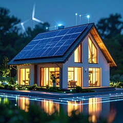 Modern house with solar panels at night