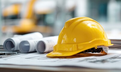 Yellow hardhat on blueprints, construction site blurred background