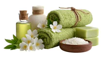 Serene spa essentials: towels, oil, soap, and flowers, evoking relaxation and wellness  isolated on white background