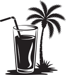 A stylized black and white vector silhouette of a tropical scene with a refreshing drink and a palm tree