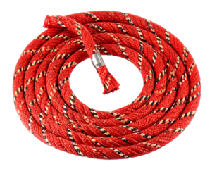 A coiled safety rope with a red core, isolated on a white background, for use in concepts of safety, rescue, and climbing.
