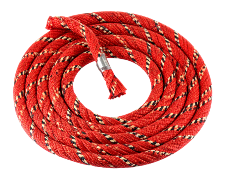 A coiled safety rope with a red core, isolated on a white background, for use in concepts of safety, rescue, and climbing.