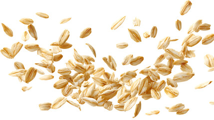 Delicious rolled oats floating, perfect for healthy breakfast inspiration and culinary projects  isolated on white background