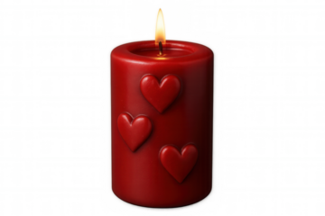 Red candle with embossed hearts burning on a transparent background, perfect for valentine's day projects