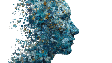 Profile portrait of a person composed of fragmented, small, colorful flowers