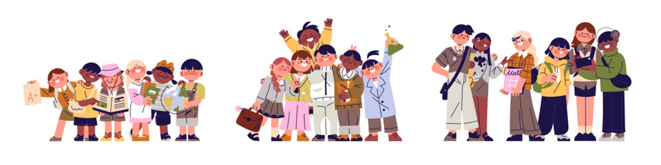 Different students groups set. Cute kids, pupils of elementary, middle and high school. Primary, secondary and senior classmates stand together. Flat isolated vector illustrations on white background
