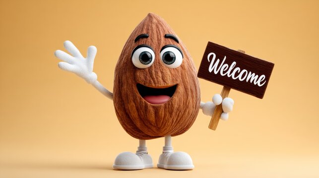 Nutty character is holding a sign that says "Welcome". The image has a playful and lighthearted mood, as the character is smiling and waving at the viewer