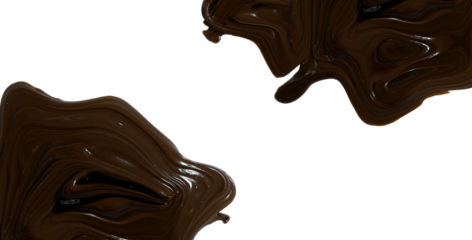 Two separate organic blobs of rich chocolate sauce dripping or pooling from the top and bottom corners diagonal copy space center. Chocolate deep, luxurious brown with smooth texture and swirling