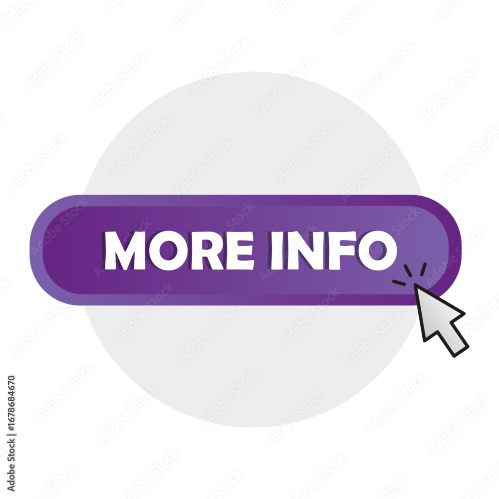 Poster more information button. cursor click navigation. violet call to action. vector web element.