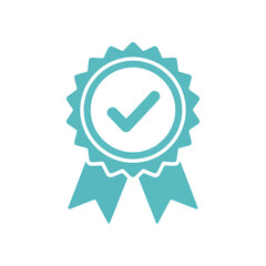 Vector illustration of a turquoise award ribbon with a checkmark inside a circle