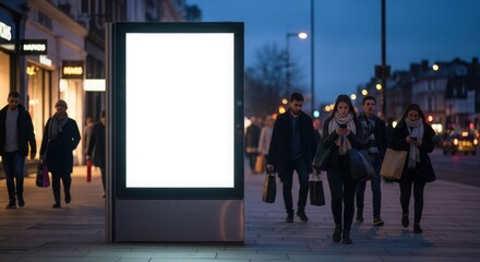 People walking past a bright illuminated advertising billboard on a city street at dusk