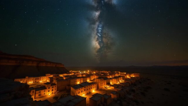 4K Ancient Roman time town in desert and Milky Way stars.