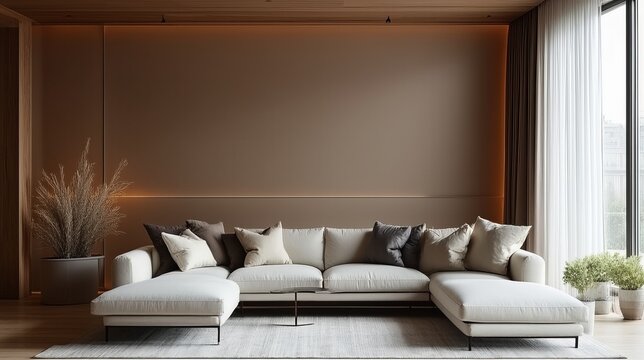 Contemporary living room with gray sofa and taupe wall, soft ambient light
