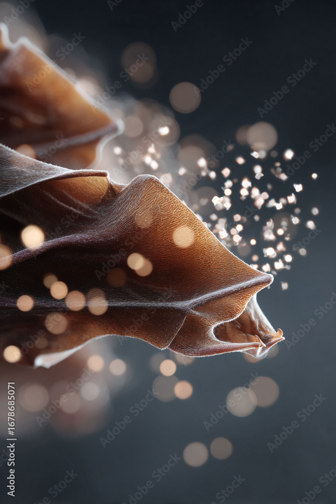 Poster abstract macro image featuring layered, textured organic shapes and luminous bokeh orbs against a da