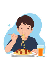 Young boy enjoying spaghetti with meatballs and orange juice - a delicious and satisfying meal