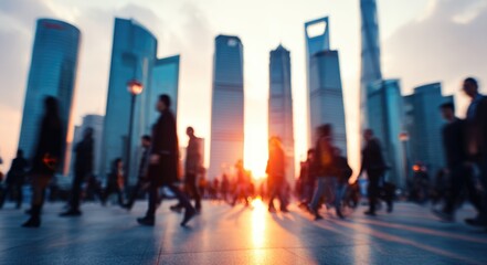 Obraz premium Blurry cityscape sunset; people walking
