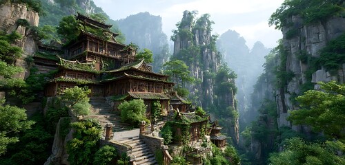 Hybrid bamboo-silicon village built into foggy cliffside temples