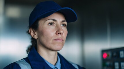 A determined Latina engineer savoring International Women in Engineering Day amidst the rhythmic hum of industrial machinery