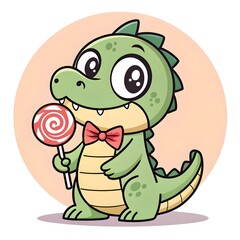 Obraz premium Adorable Chibi Little Gharial Hatchling Playfully Licking A Sweet Candy Bowtie, Kawaii Cute Cartoon Crocodilian Character, Whimsical Fantasy Animal Illustration