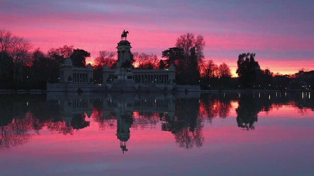 Sunrise over Alfonso XII Monument at El Retiro Park