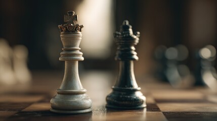 Fototapeta premium Two chess kings, white and black, face off on a wooden board