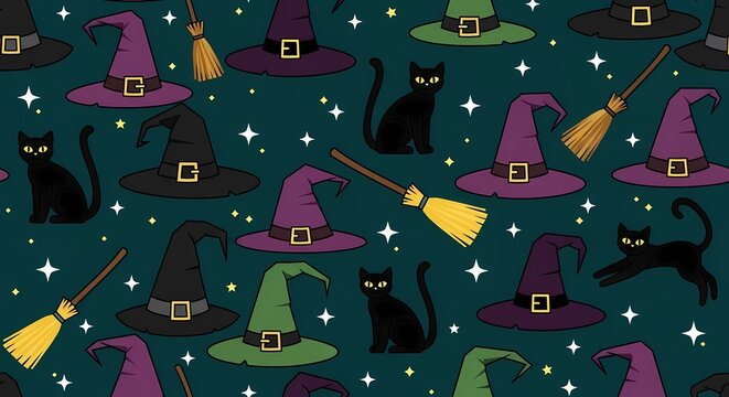 Spooky Halloween Witch Hats and Black Cats Seamless Pattern