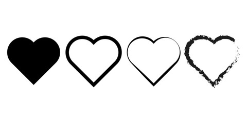Four heart icons. Black outline symbols. Vector like buttons. Clean shape illustration.
