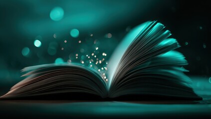 Open book, teal light, magical