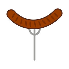 Grilled sausage illustration. Meat food concept. Barbecue vector emblem. Fork eating symbol.