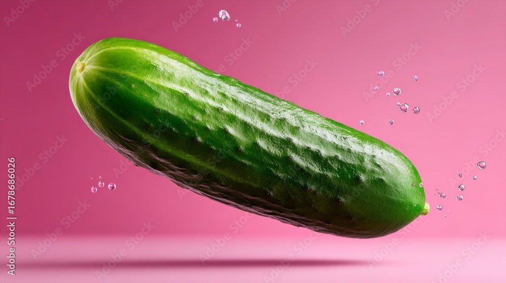Aufkleber cucumber is floating in the air above a pink background. the cucumber is green and he is in motion