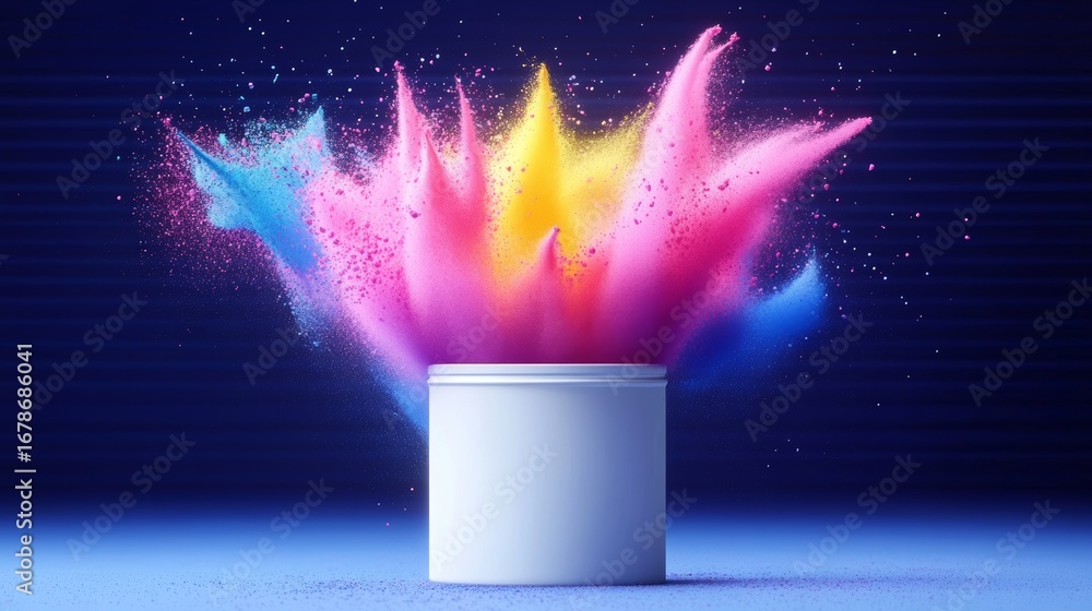 Poster vibrant burst of colorful exploding powders, unleashing joyful energy and fun splashes of color