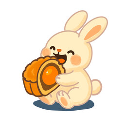 Cartoon Rabbit Eating Mooncake for Mid-Autumn Festival