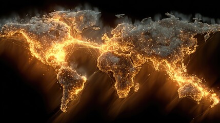 Global map, glowing orange-yellow lines and points, dark background