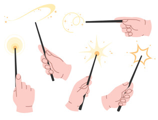 Set of hands holding magic wands. Witchcrafts with sparkling golden spells escaping. Character hands with a wand for magic, sorcery, witchcraft, tricks, shows, performances, carnivals