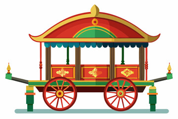 Ornate red and green carriage with decorative gold accents and red wheels
