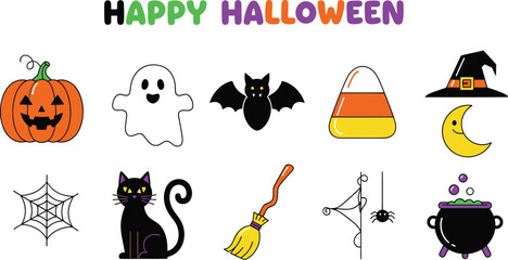 Halloween icons with pumpkin, ghost, bat, candy corn, witch hat, moon, spiderweb, cat, broom and cauldron