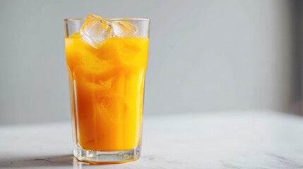 A glass of vibrant orange juice with ice cubes
