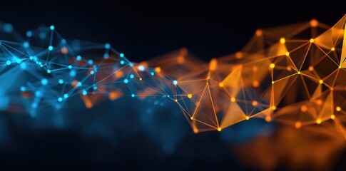 Abstract digital network of interconnected points and lines in vibrant blue and orange hues against a dark background